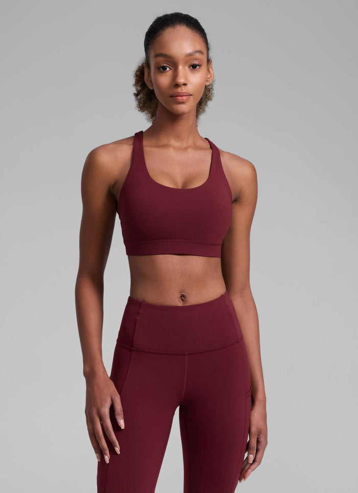 CRZ YOGA Women's Yoga Training Medium Support Nakedfeel Bra Cross Back Red Merlot