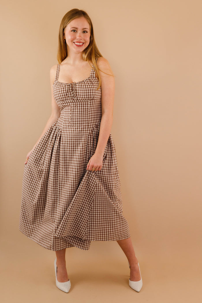 Milkmaid Bodice Maxi Dress- Women's Brown Gingham Dropwaist Dress- Creamon Dresses