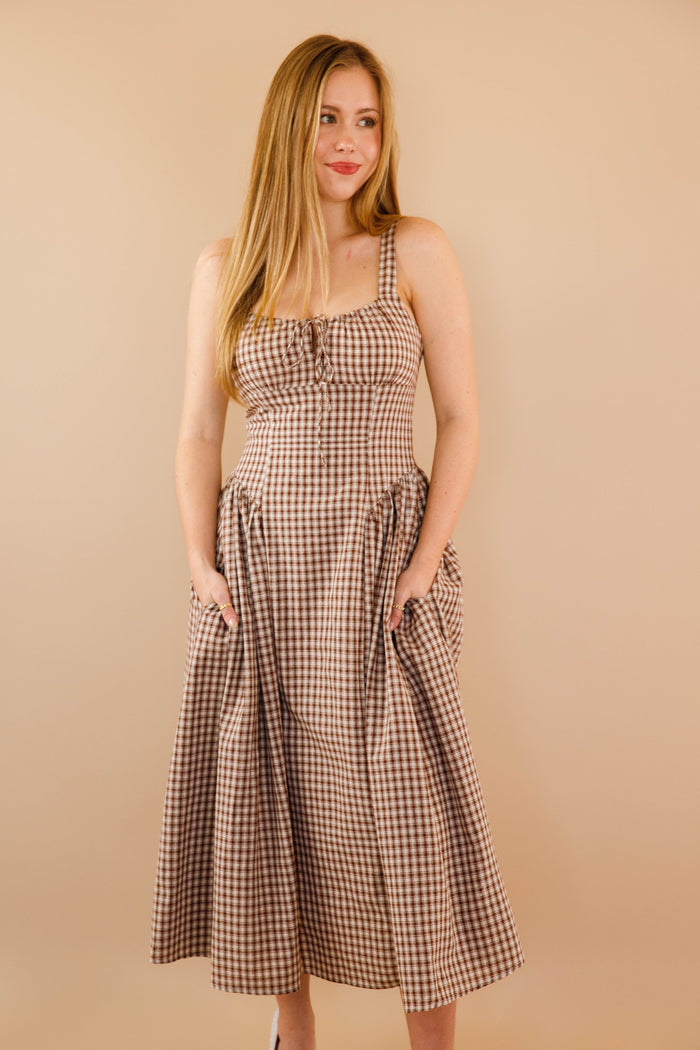 Milkmaid Bodice Maxi Dress- Women's Brown Gingham Dropwaist Dress- Creamon Dresses