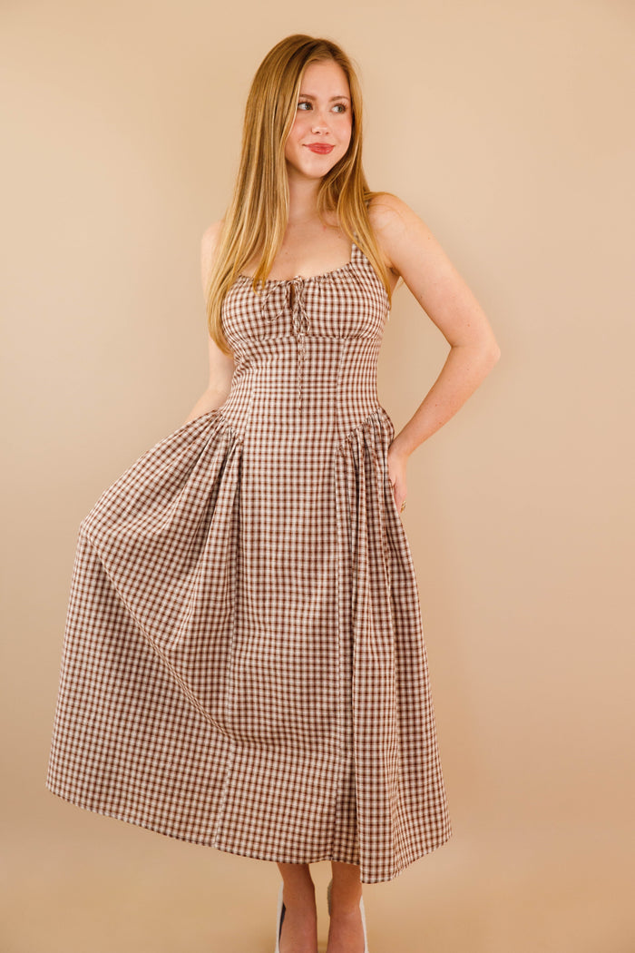 Milkmaid Bodice Maxi Dress- Women's Brown Gingham Dropwaist Dress- Creamon Dresses