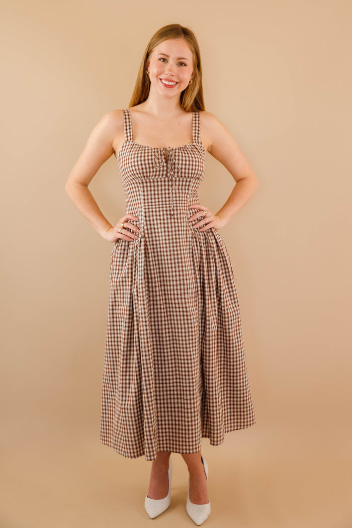 Milkmaid Bodice Maxi Dress- Women's Brown Gingham Dropwaist Dress- Creamon Dresses