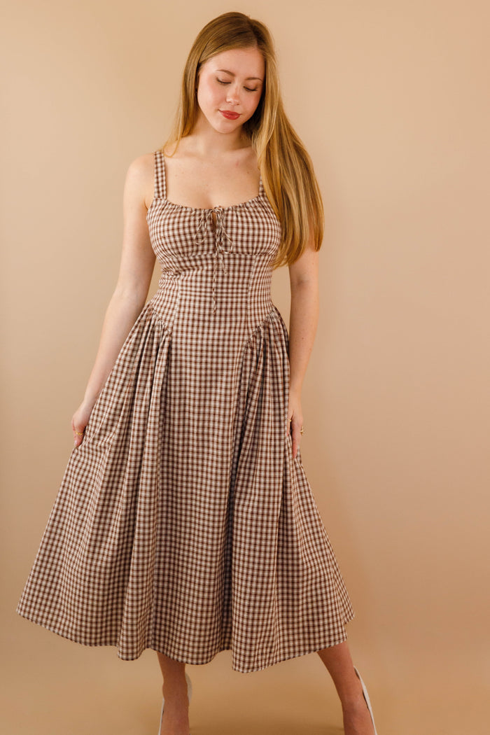 Milkmaid Bodice Maxi Dress- Women's Brown Gingham Dropwaist Dress- Creamon Dresses