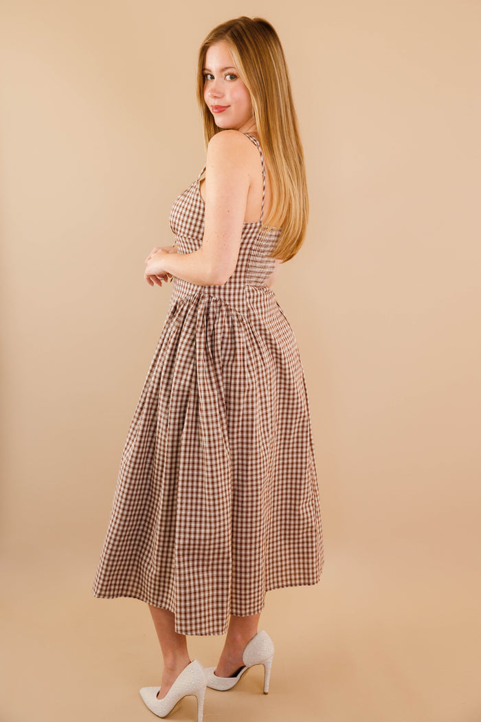 Milkmaid Bodice Maxi Dress- Women's Brown Gingham Dropwaist Dress- Creamon Dresses
