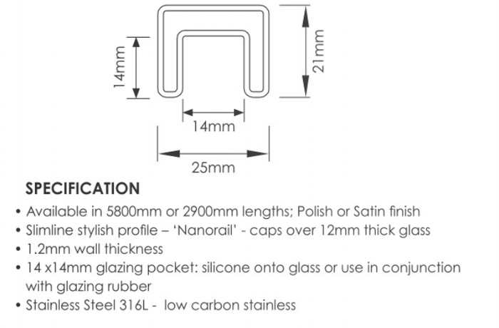 Nanorail Handrail, Stainless Steel, 25 x 21mm, Capping rail - Image 6