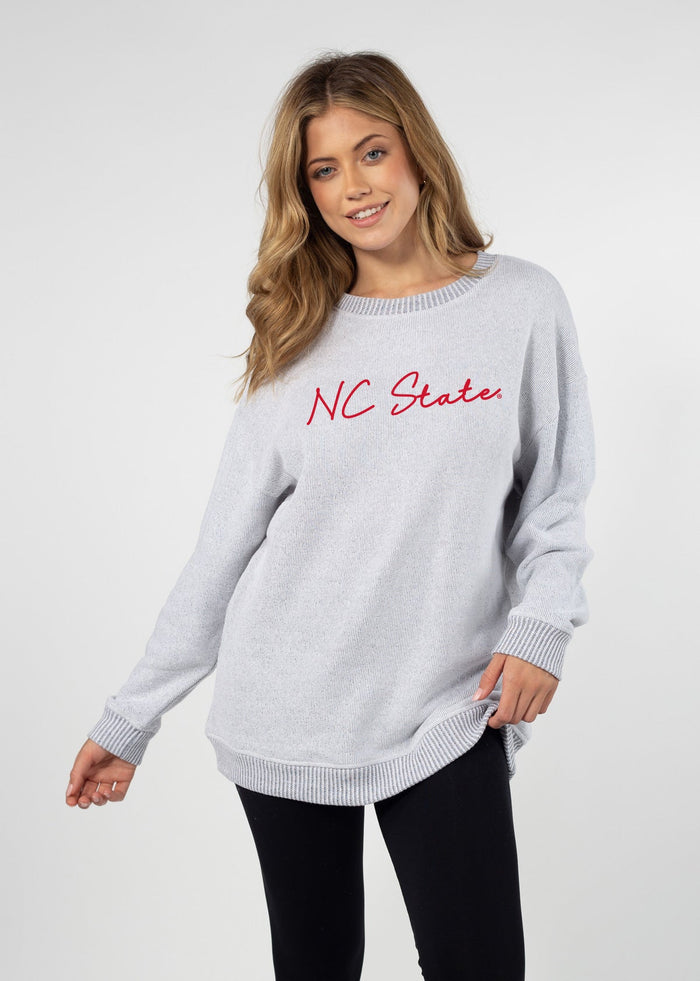 NC State Wolfpack Women's Heather-Grey Relaxed, straight Yarn-dyed brushed fleece Sweatshirt with the look of sweater, the touch of a blanket, crew neckline and ribbed neck, cuffs and hem