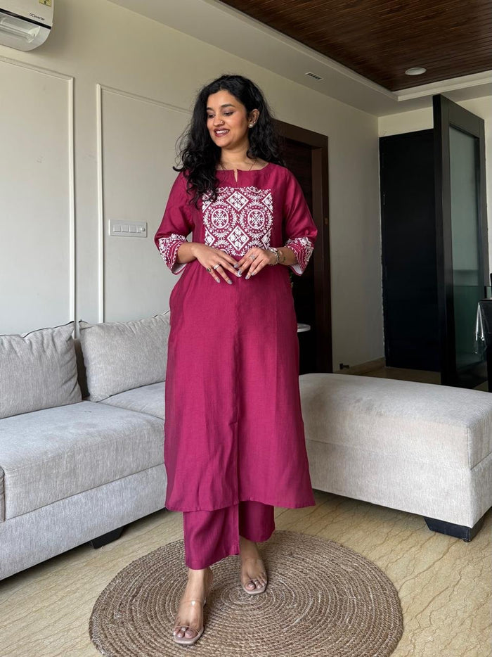 Neer Embroidered Straight Set- Maroon