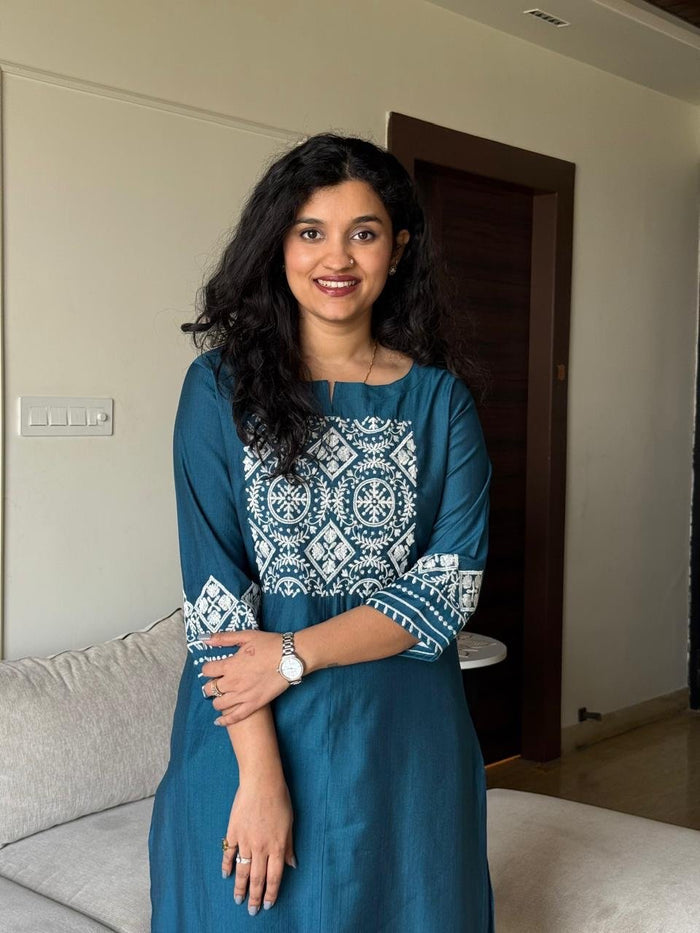 Neer Embroidered Straight Set- Teal Blue