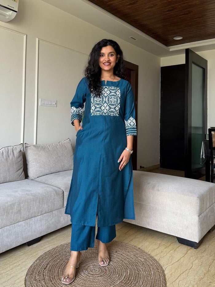 Neer Embroidered Straight Set- Teal Blue