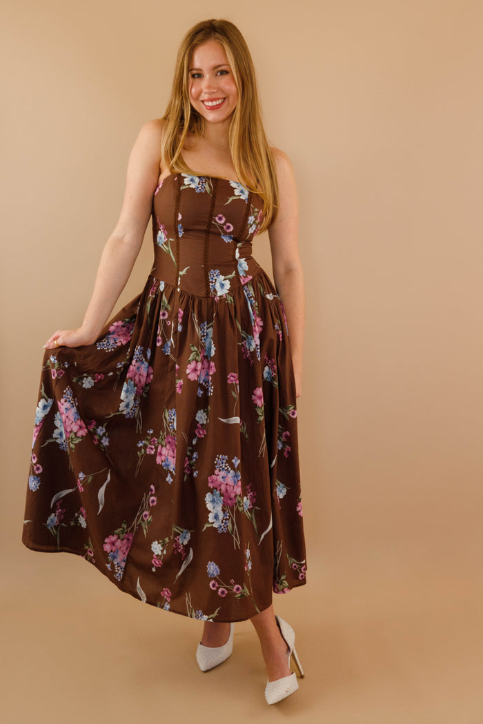 Floral Corset Midi Dress- Lace Trim Feminine Midi Dress- Mable Dresses