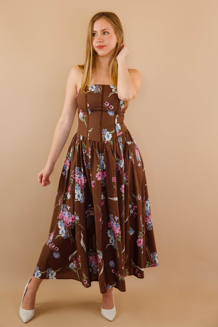 Floral Corset Midi Dress- Lace Trim Feminine Midi Dress- Mable Dresses