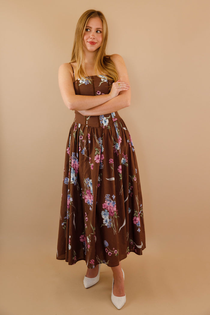 Floral Corset Midi Dress- Lace Trim Feminine Midi Dress- Mable Dresses