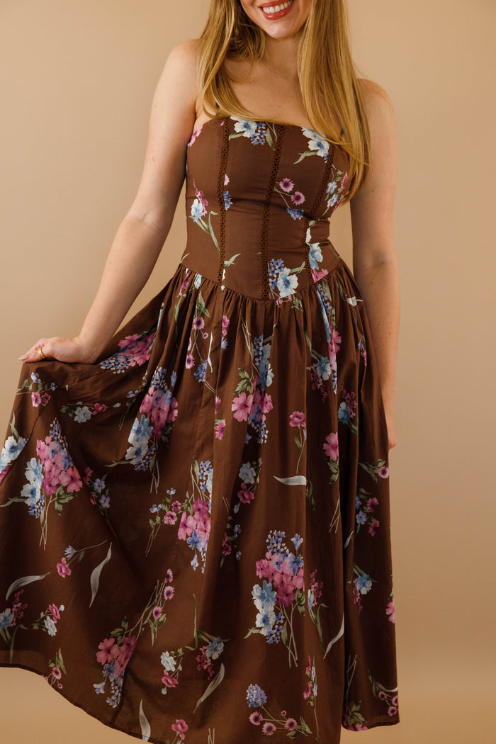 Floral Corset Midi Dress- Lace Trim Feminine Midi Dress- Mable Dresses