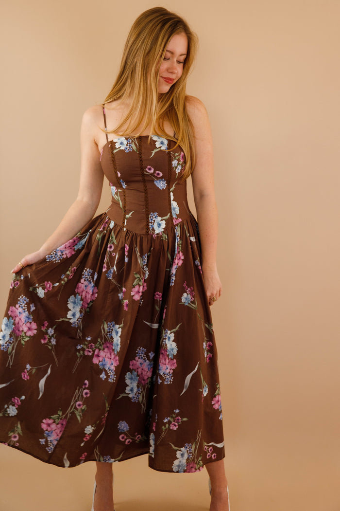 Floral Corset Midi Dress- Lace Trim Feminine Midi Dress- Mable Dresses