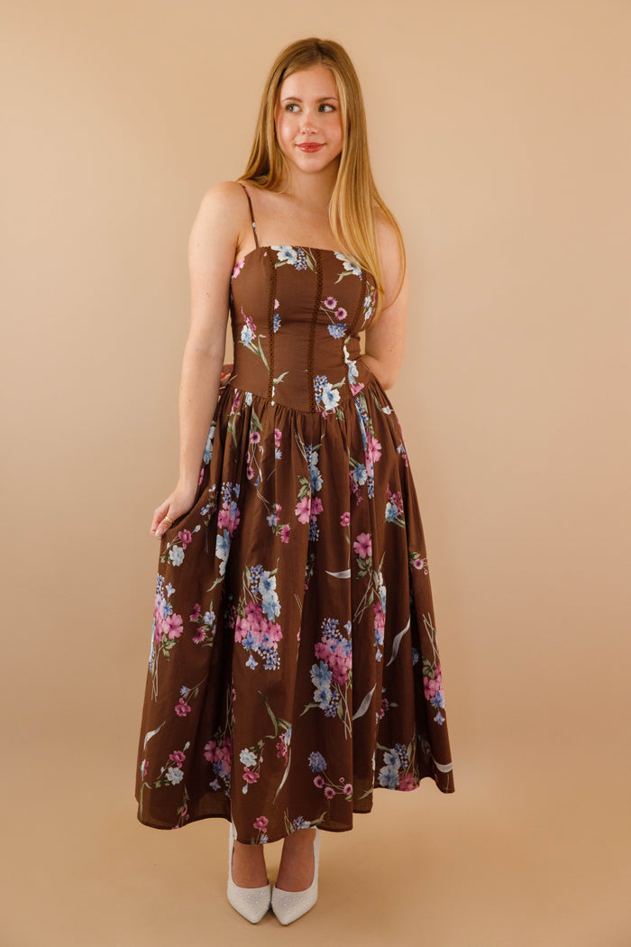 Floral Corset Midi Dress- Lace Trim Feminine Midi Dress- Mable Dresses
