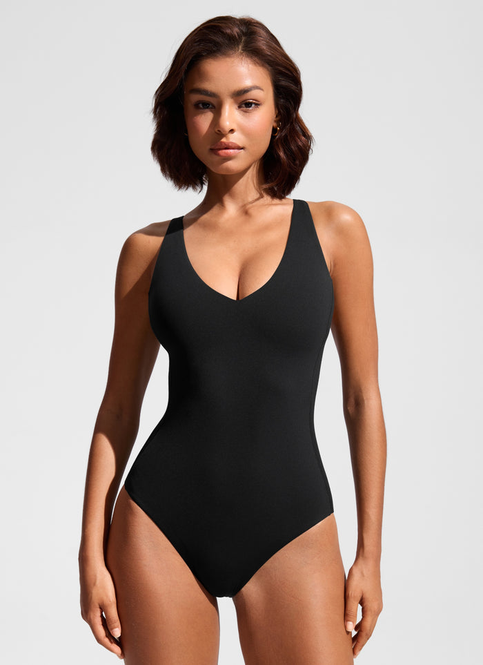 CRZ YOGA Women Nexfeel Double Lined Deep V One Piece Swimsuit Black