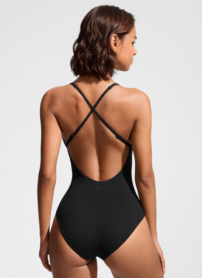 CRZ YOGA Women Nexfeel Double Lined Deep V One Piece Swimsuit Black