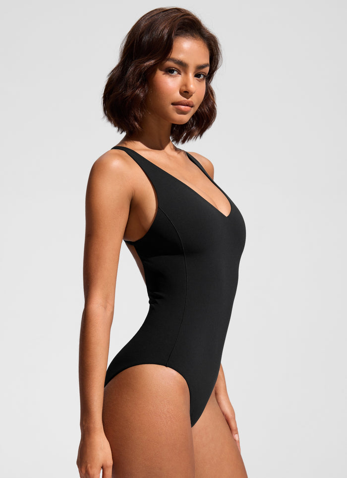 CRZ YOGA Women Nexfeel Double Lined Deep V One Piece Swimsuit Black