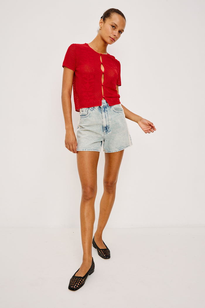 Nina Top in Viscose Blend Knit With Center Front Keyhole Cutouts With Self-Covered Buttons, Boxy, Cropped Fit, and Short Sleeves in Tomato Colorway - Full Body Front View Featured on Model