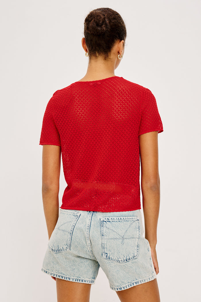 Nina Top in Viscose Blend Knit With Center Front Keyhole Cutouts With Self-Covered Buttons, Boxy, Cropped Fit, and Short Sleeves in Tomato Colorway - Upper Body Back View Featured on Model