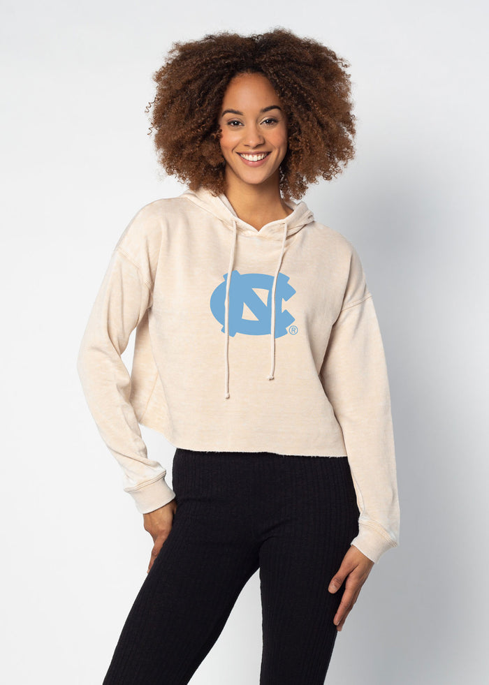 North Carolina Tar Heels Women's Oatmeal Relaxed, waist-length Burnout fleece Hoodie with Lived-in look, drawstring hood, dropped shoulders and raw edge