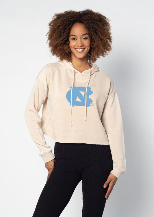 North Carolina Tar Heels Women's Oatmeal Relaxed, waist-length Burnout fleece Hoodie with Lived-in look, drawstring hood, dropped shoulders and raw edge