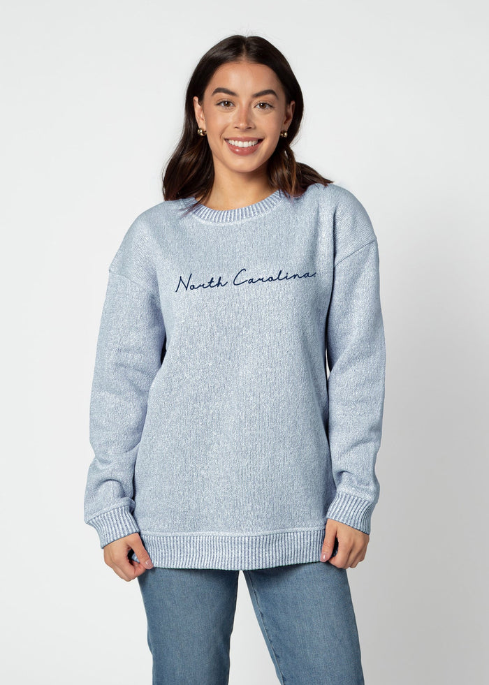 North Carolina Tar Heels Women's Ink Relaxed, straight Yarn-dyed brushed fleece Sweatshirt with the look of sweater, the touch of a blanket, crew neckline and ribbed neck, cuffs and hem