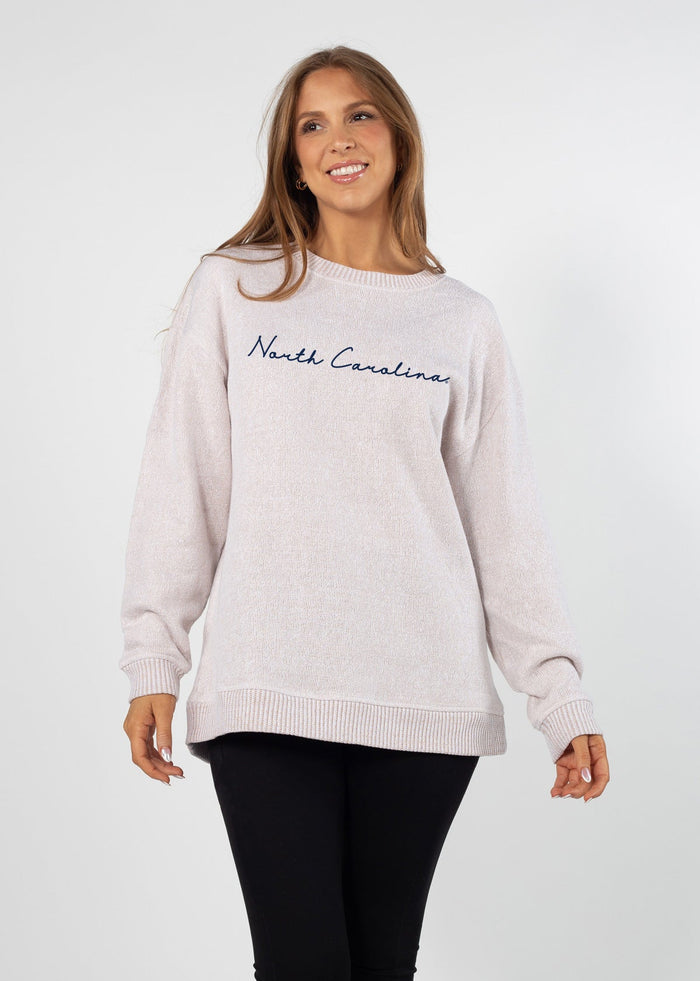 North Carolina Tar Heels Women's Natural Relaxed, straight Yarn-dyed brushed fleece Sweatshirt with the look of sweater, the touch of a blanket, crew neckline and ribbed neck, cuffs and hem