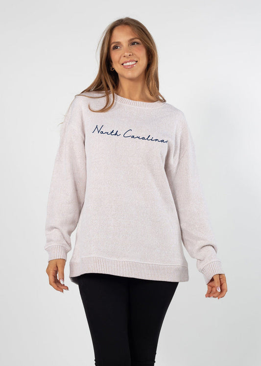 North Carolina Tar Heels Women's Natural Relaxed, straight Yarn-dyed brushed fleece Sweatshirt with the look of sweater, the touch of a blanket, crew neckline and ribbed neck, cuffs and hem