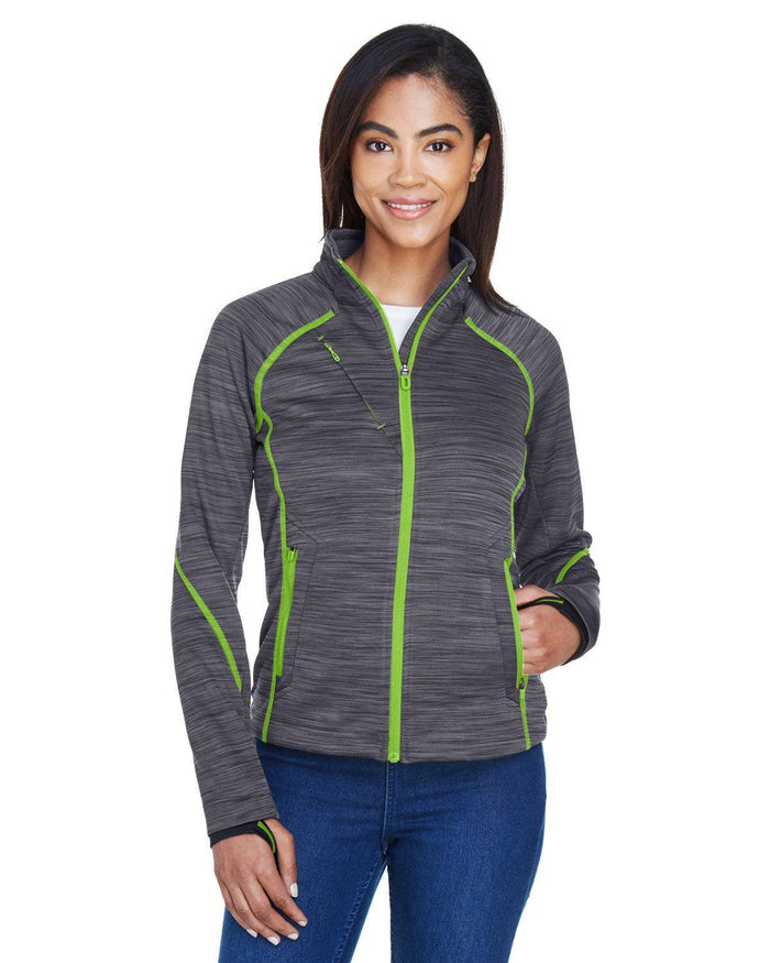 North End Ladies Flux Mélange Bonded Fleece Jacket-Ladies Jackets-North End-Carbon/Acid Green-S-Thread Logic