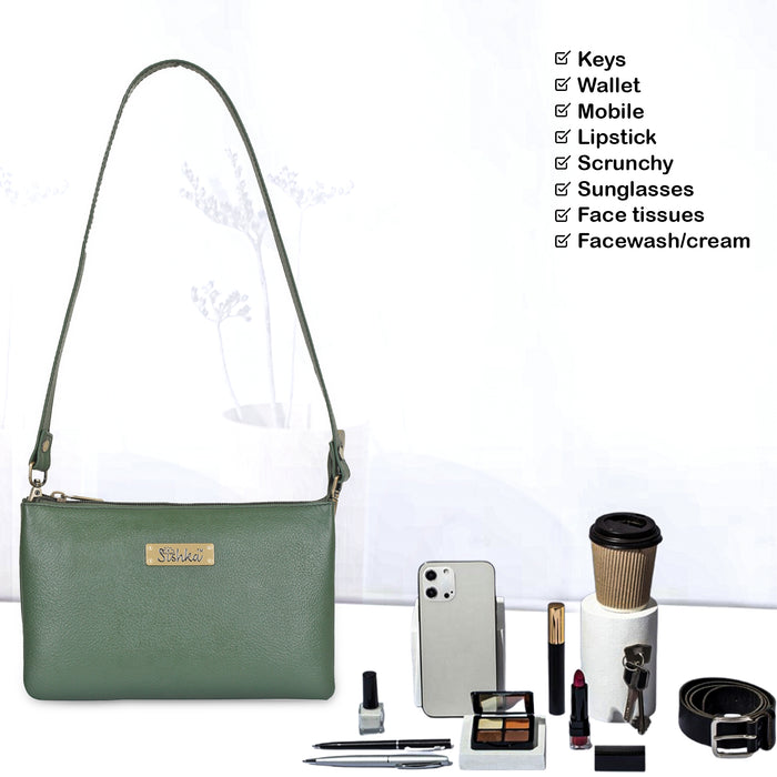 Women's olive green leather crossbody sling bag for work, travel, and daily use-feature image