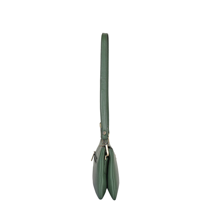 Women's olive green leather crossbody sling bag for work, travel, and daily use-side view