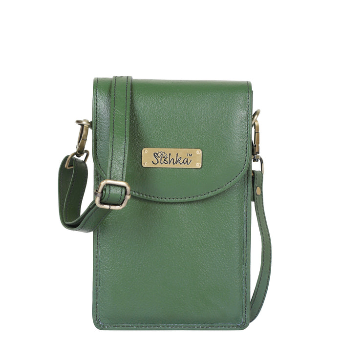 Women's olive green leather phone crossbody sling bag for travel, work, and daily use