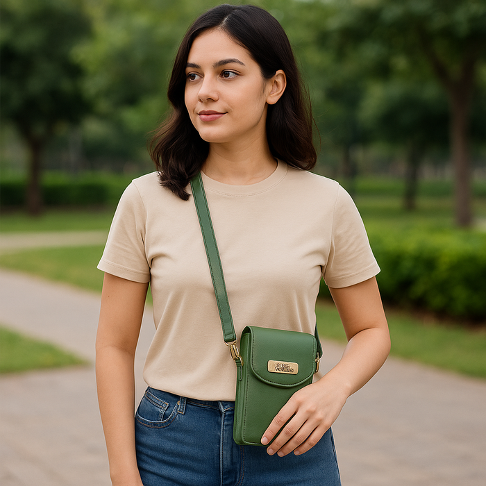 Women's olive green leather phone crossbody sling bag for travel, work, and daily use-model image