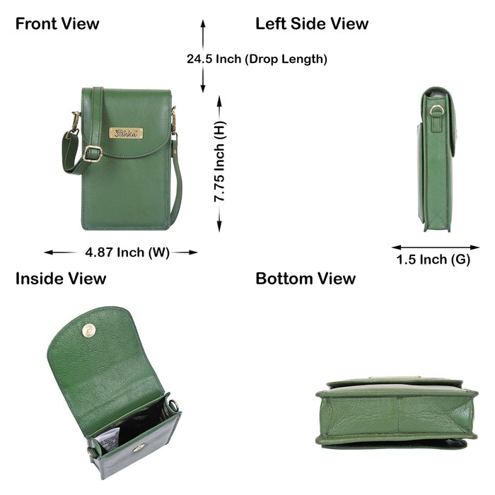 Women's olive green leather phone crossbody sling bag for travel, work, and daily use-infographic image