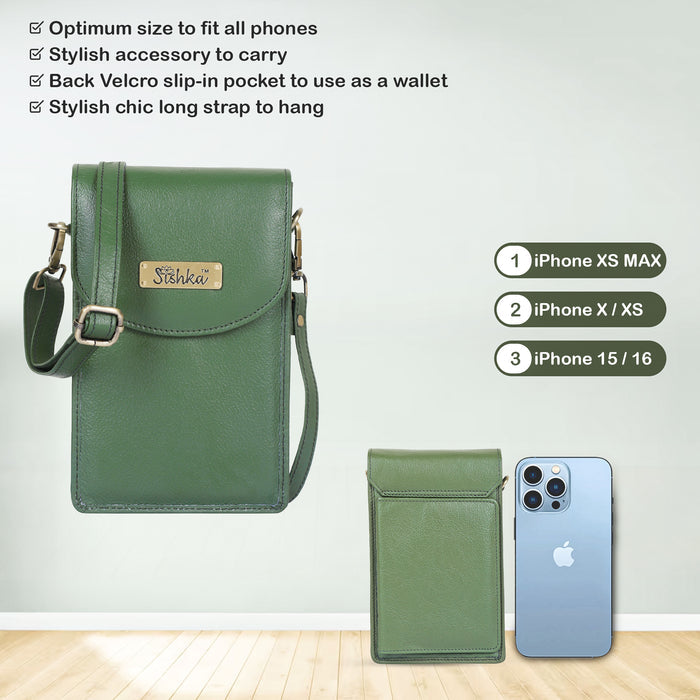 Women's olive green leather phone crossbody sling bag for travel, work, and daily use-feature image