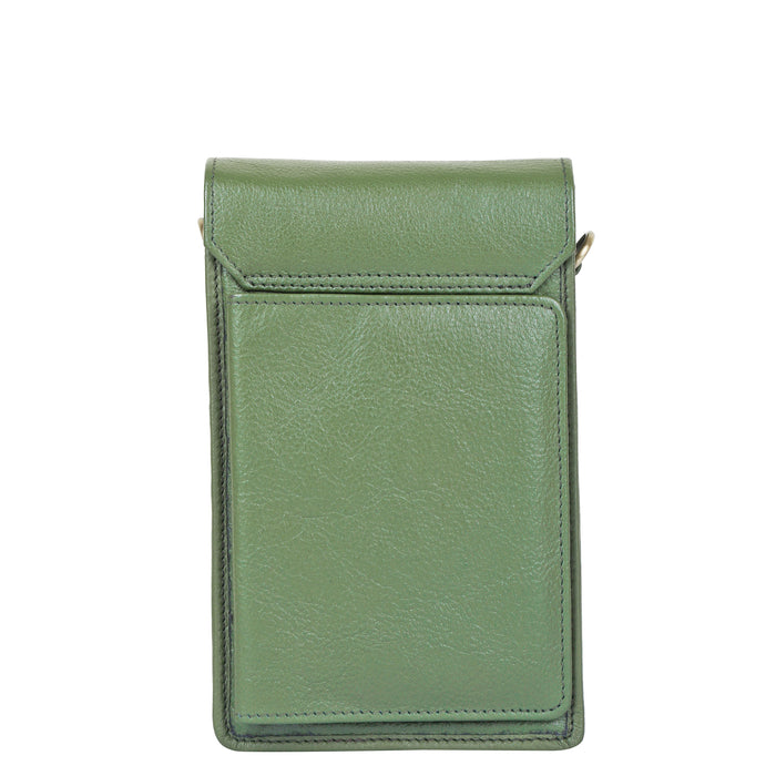 Women's olive green leather phone crossbody sling bag for travel, work, and daily use-back view