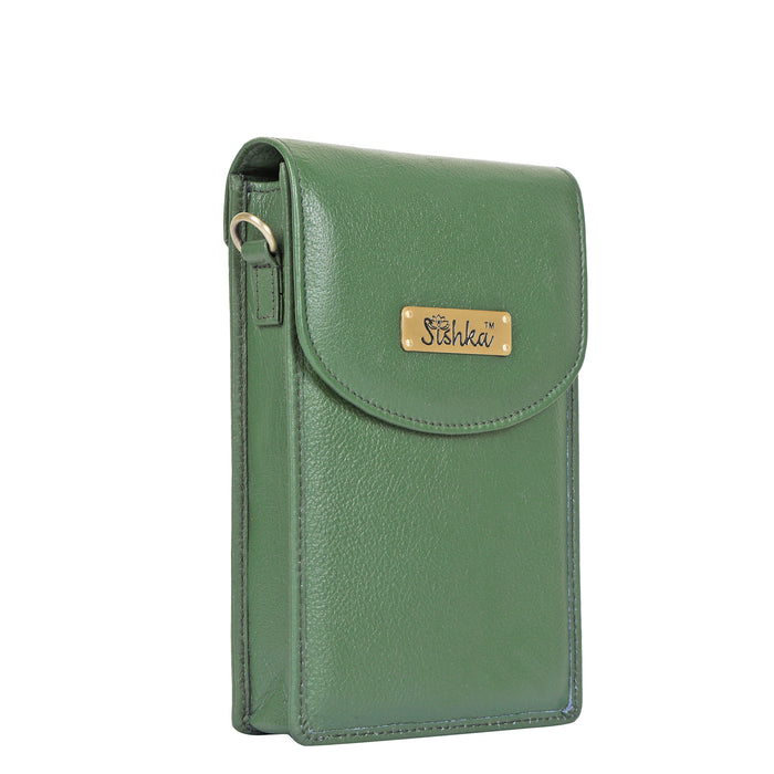 Women's olive green leather phone crossbody sling bag for travel, work, and daily use-half side view