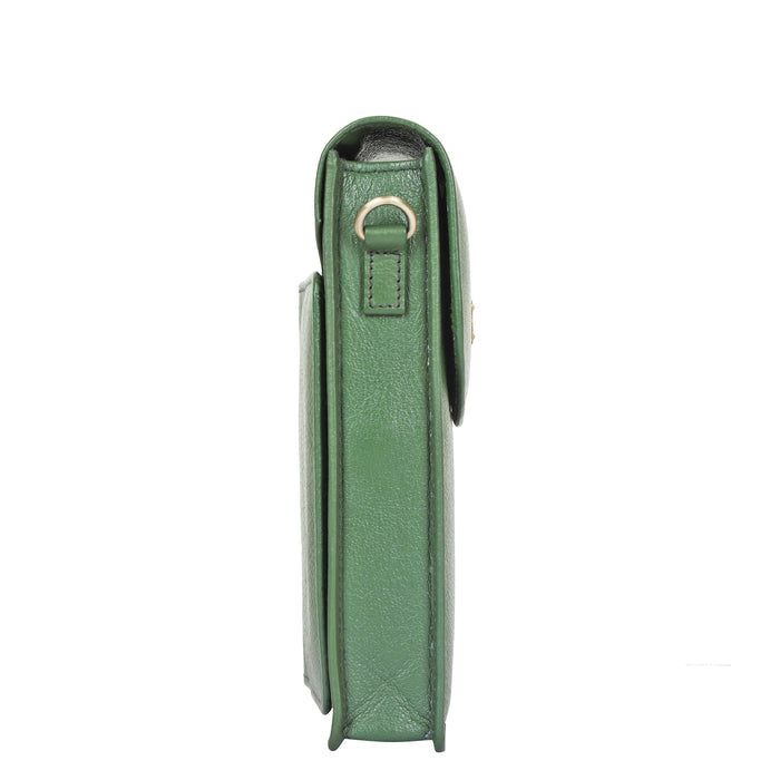 Women's olive green leather phone crossbody sling bag for travel, work, and daily use-side view