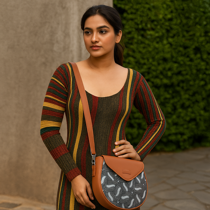 Olive green printed canvas shoulder‑sling bag with tall soft silhouette for travel and everyday use-model image