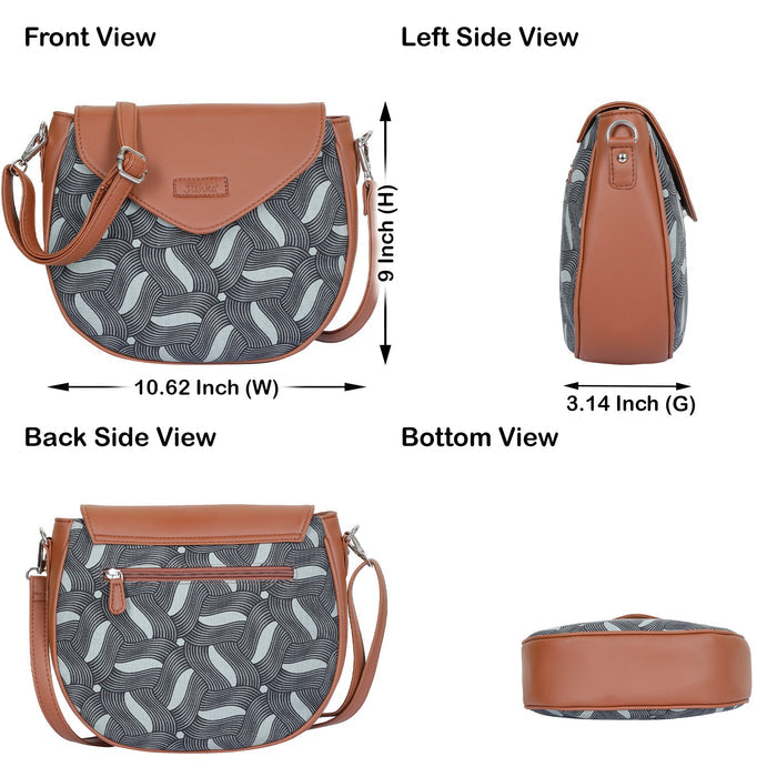 Olive green printed canvas shoulder‑sling bag with tall soft silhouette for travel and everyday use-infographic image