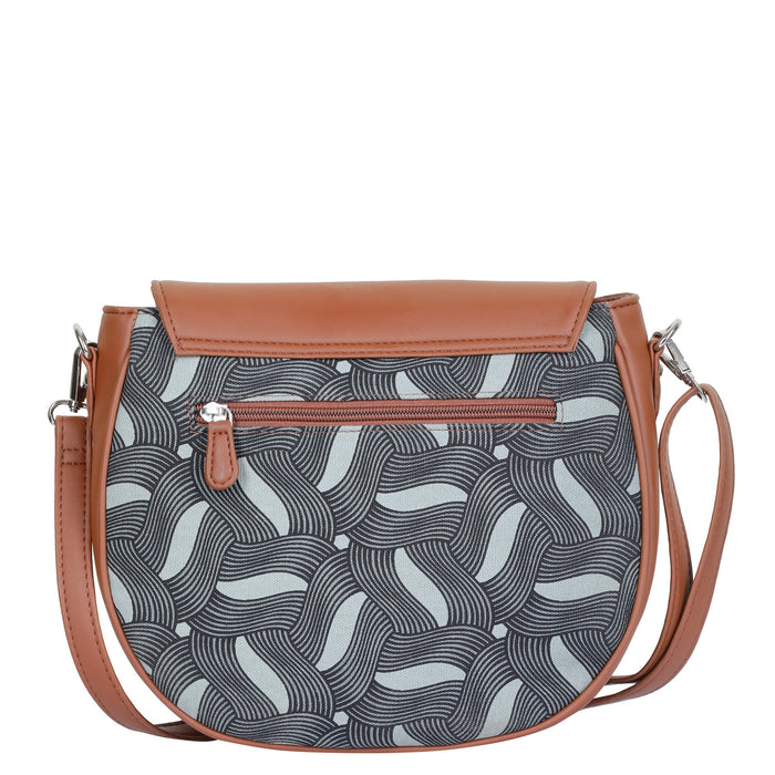 Olive green printed canvas shoulder‑sling bag with tall soft silhouette for travel and everyday use-back view