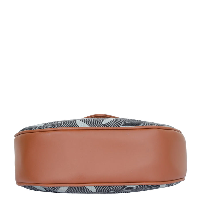 Olive green printed canvas shoulder‑sling bag with tall soft silhouette for travel and everyday use-bottom view