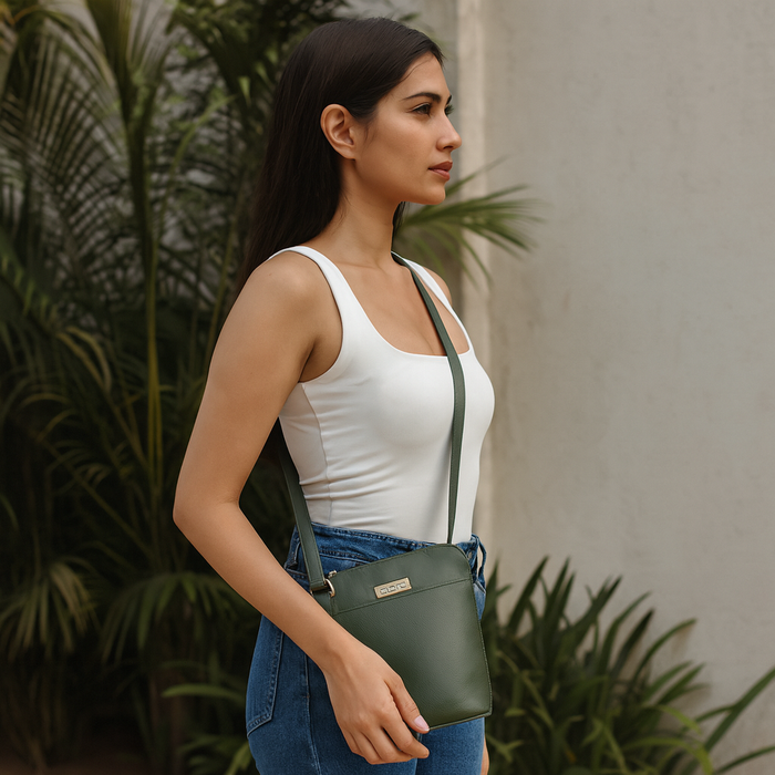 Women's olive green leather crossbody shoulder sling bag for work, travel, and daily use-model image
