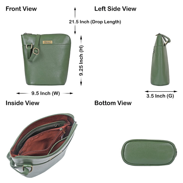 Women's olive green leather crossbody shoulder sling bag for work, travel, and daily use-infographic image