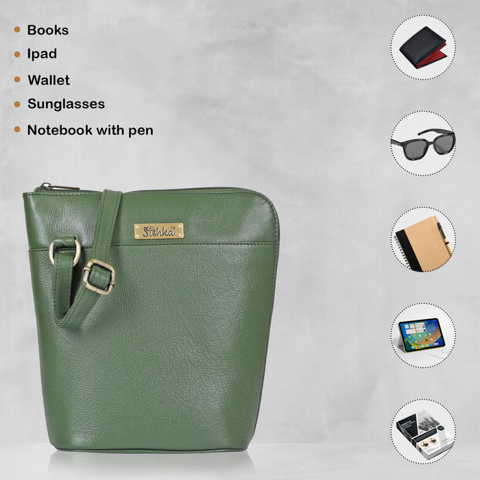 Women's olive green leather crossbody shoulder sling bag for work, travel, and daily use-feature image