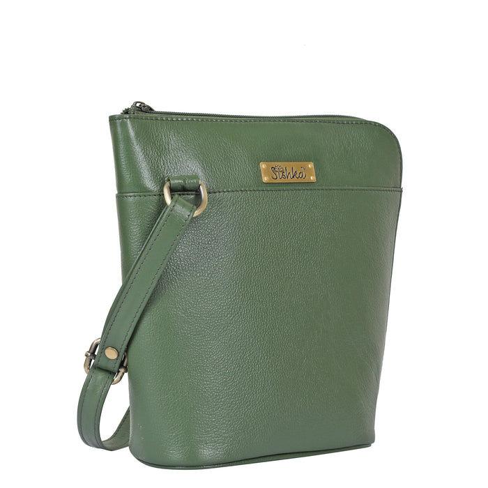 Women's olive green leather crossbody shoulder sling bag for work, travel, and daily use-half side view