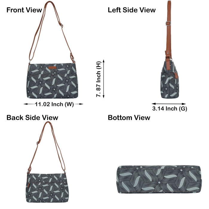 Olive green printed canvas shoulder‑sling bag with soft relaxed silhouette for travel and everyday use-infographic image