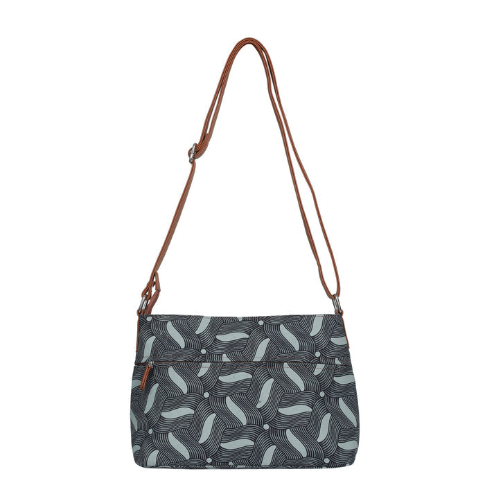Olive green printed canvas shoulder‑sling bag with soft relaxed silhouette for travel and everyday use-back view