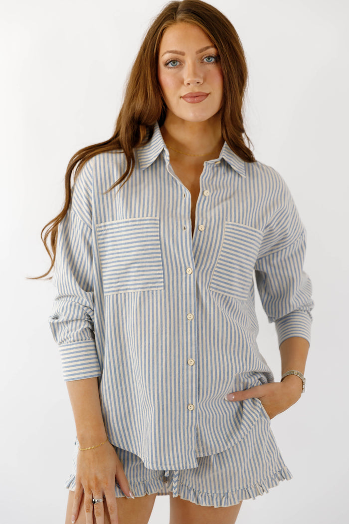 Cotton Blue and White Striped Button Down- Casual Matching Striped Set- Illa Illa Striped Set