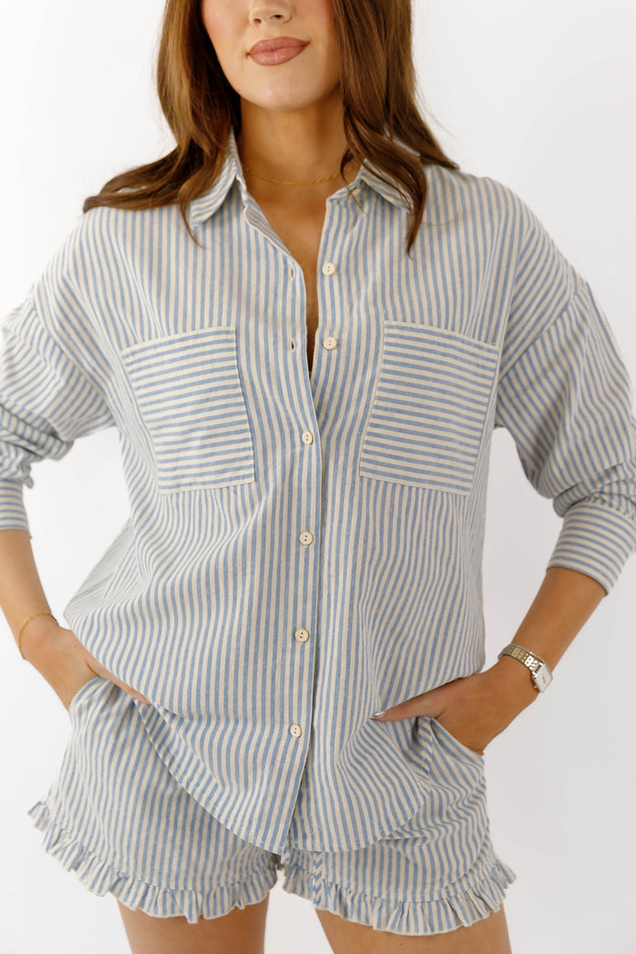 Cotton Blue and White Striped Button Down- Casual Matching Striped Set- Illa Illa Striped Set